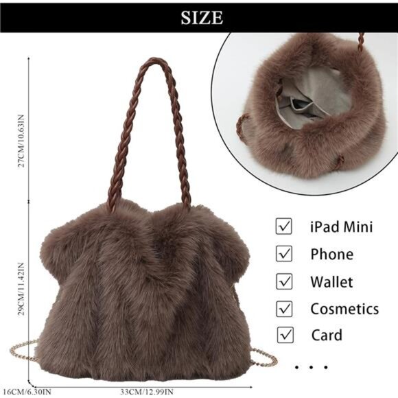 Furry Purse Winter Fluffy Bags Brown - Picture 4 of 6